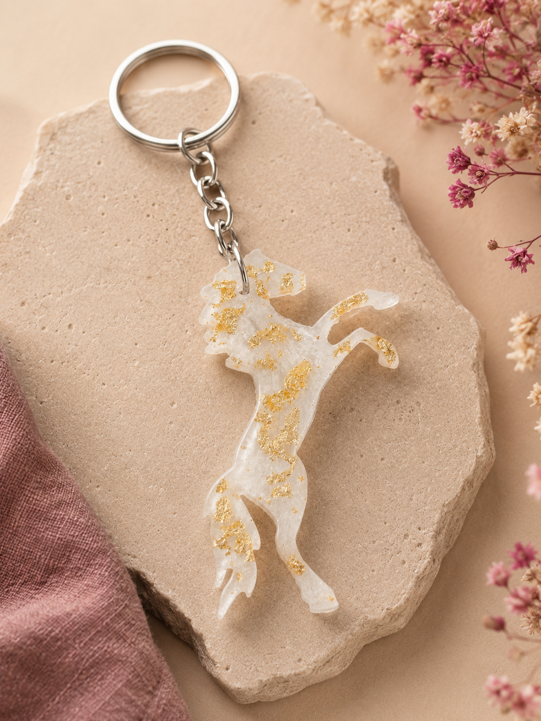 Porte clés Cheval Cabré Blanc et Or
