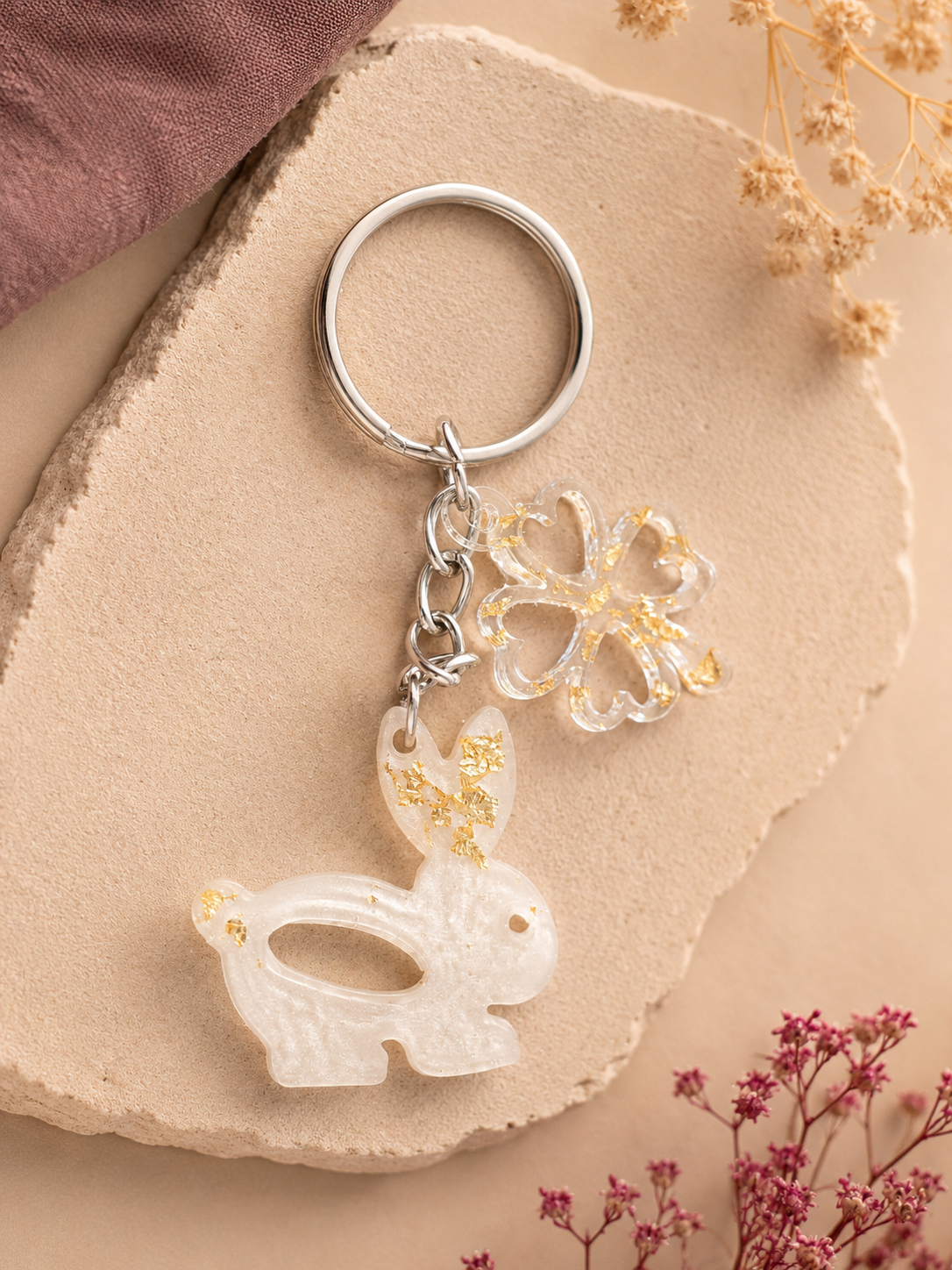 Porte clés Lapin Nacré Blanc et Or